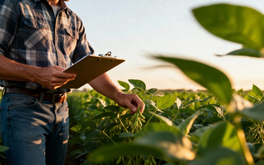 Produtor rural e especialista avaliando a eficiência no manejo da soja para a safra 2025/26.